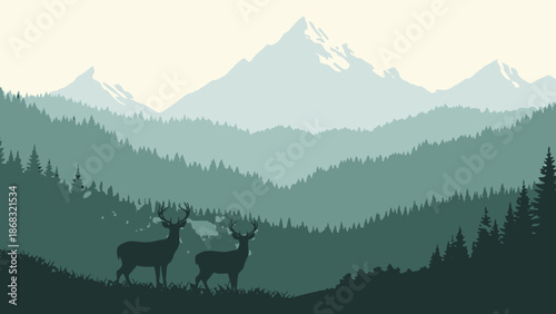 Silhouette of two deer in a misty pine forest with distant mountains, tranquil nature landscape
