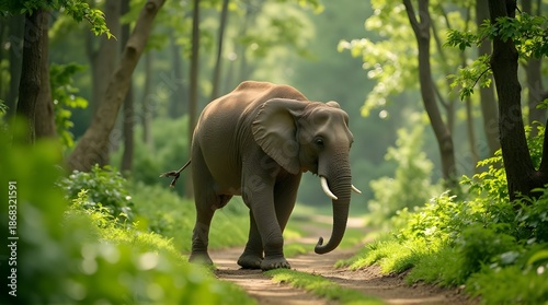 Asian elephant walking peacefully through tropical forest scenery, ideal for nature and wildlife concepts.