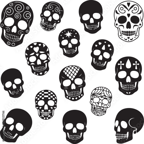 Collection of black and white skulls with various designs and patterns