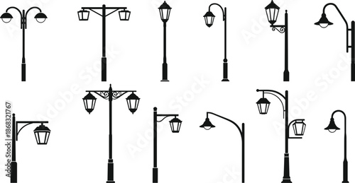 Group of various street lamp silhouettes on a white background untitled