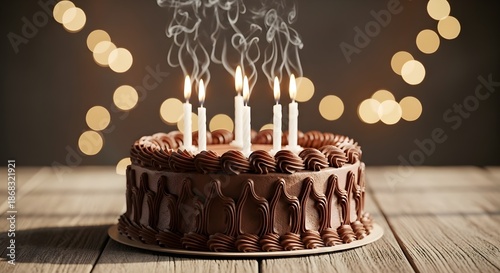 Rich chocolate cake with lit candles and smoke, celebrating a special occasion with warm bokeh lights.