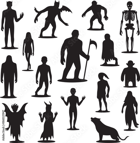 collection of black silhouette Halloween characters and animal on white background