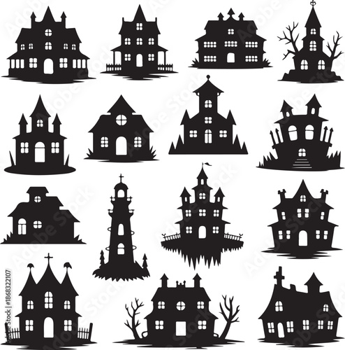 collection of black silhouette spooky haunted houses and buildings