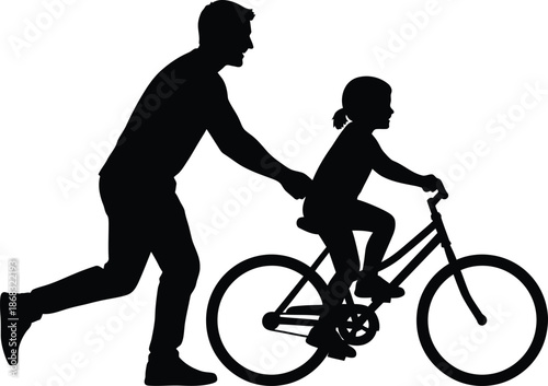 Black silhouette vector of father teaching daughter to ride a bicycle Family bonding and childhood milestone graphic