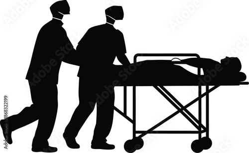 Emergency Medical Staff Silhouette Pushing Patient on Stretcher Gurney Vector Graphic Icon First Aid and Hospital Transport Concept