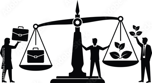 Corporate Sustainability Balance Scale Icon Comparing Business and Environmental Values Black and White Vector