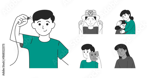 Mental Health Concept Illustration Set: Depression, Anxiety, and Emotional Support