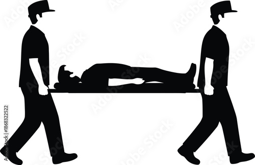 Medical staff carrying injured patient on a stretcher silhouette vector illustration