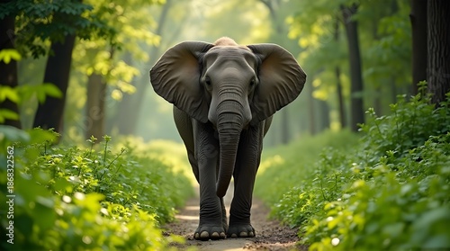 Majestic elephant surrounded by lush green wilderness, representing harmony between animals and nature.