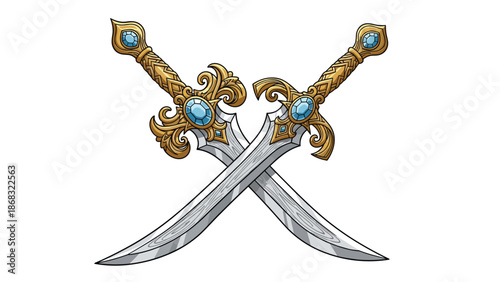 Two ornate crossed swords with golden hilts and blue gemstones, representing combat, strength, and medieval fantasy.