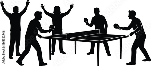 Table Tennis Players Silhouette Vector People Playing Ping Pong and Celebrating Victory on White Background