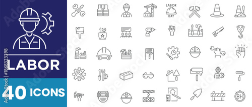 Construction work and labor line icon set. Includes renovation, building, tools, helmet, excavator, roller, spatula, wheelbarrow, project and more. Outline icons in linear style. Vector collection.