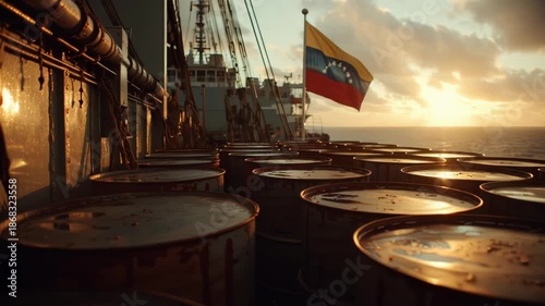 footage of an oil industry scene on a cargo ship deck at sunrise, multiple clean steel oil drums centered neatly with subtle petroleum stains, Venezuelan flag mounted in the background gently waving, 