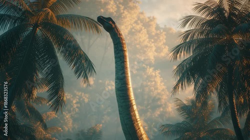 A Long Neck Dinosaur Towers Over the Prehistoric Jungle Canopy