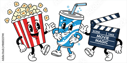 Retro cartoon popcorn cup soda cup and clapperboard characters dancing on white Keywords: popcorn, movie, cinema, retro, cartoon