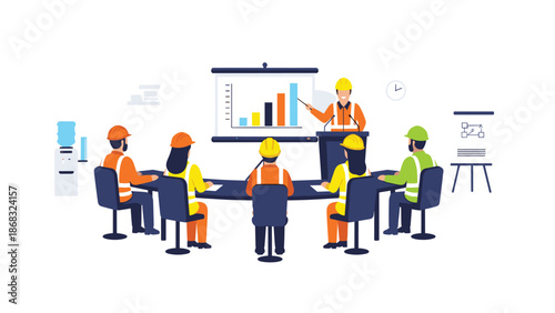 A presenter explains a bar chart on a projection screen to a group of construction workers in a meeting room, facilitating communication and learning.