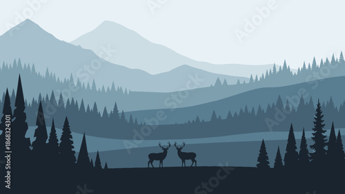 Serene Mountain Landscape with Misty Forest and Wild Deer, Peaceful Nature Scene in Blue Hues