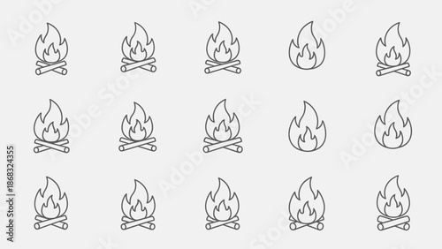 Set of Outline Campfire and Firewood Icons on Light Grey Studio Background