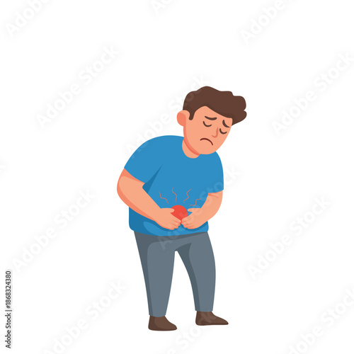 Man suffering from stomach ache holding his abdomen in pain. Flat cartoon illustration of abdominal pain, digestive problem, food poisoning or gastritis symptom isolated on white background