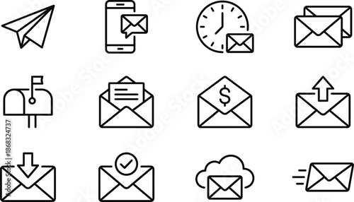 Set of vector black line icons depicting city buildings real estate houses skyscrapers and landmarks isolated on white background