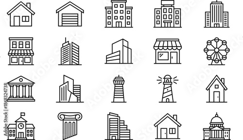 Set of vector black line icons depicting city buildings real estate houses skyscrapers and landmarks isolated on white background