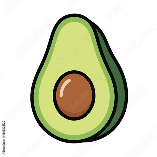 A Vibrant avocado half with brown pit on white background