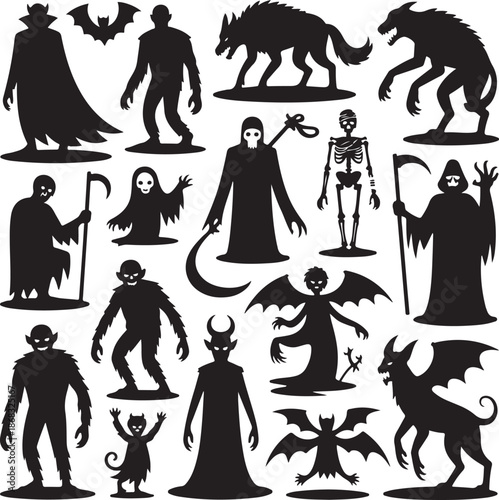 halloween black silhouettes of monsters and creatures on white background