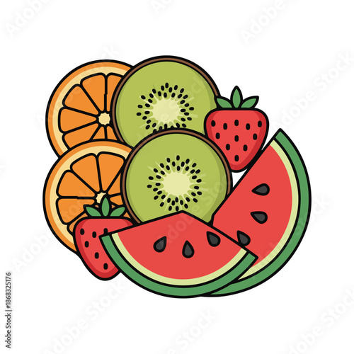 A Vibrant mix of fresh fruit including kiwi, watermelon and strawberries
