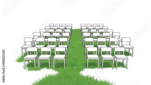 Perspective view of white chairs arranged in rows on a grassy area, suggesting an empty venue ready for an audience or performance.