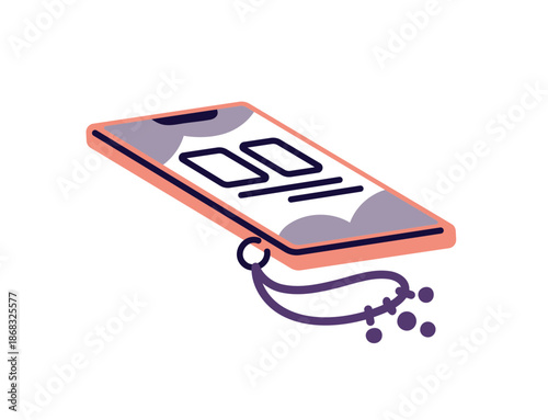 Mobile phone with trinket. Modern smartphone with pendant. Telephone, cellphone with hanging decor. Social networks device, gadget for online. Flat isolated vector illustration on white background