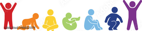 Colorful child development stages illustration showing baby crawling sitting standing jumping sequence, vibrant vector people icons for growth education learning concept isolated on gray background
