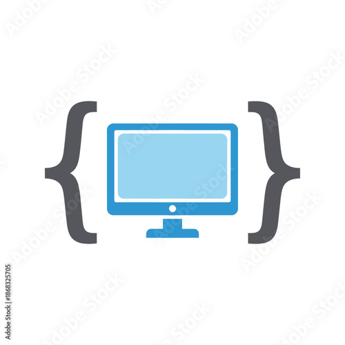 Simple blue computer monitor icon enclosed by stylized curly braces symbolizing programming code development or configuration settings.