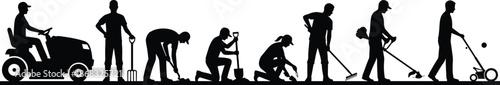 Gardening workers silhouette set showing lawn mowing digging planting raking landscaping maintenance activities, black vector people icons illustrating outdoor labor, agriculture service concept isola