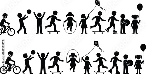 Silhouette children playing outdoor activities set showing biking skateboarding jump rope kite flying roller skating balloon fun, black icon collection isolated on gray background