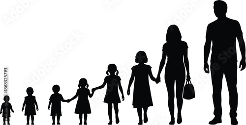 Silhouettes of a family holding hands showing growth from infant to adult on white background child