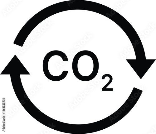 Black CO2 symbol with circular arrows on white background carbon dioxide cycle