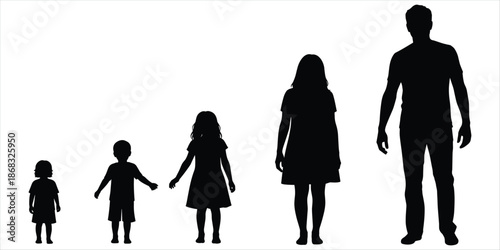 Silhouettes of a family showing growth from infant to adult on white background child baby