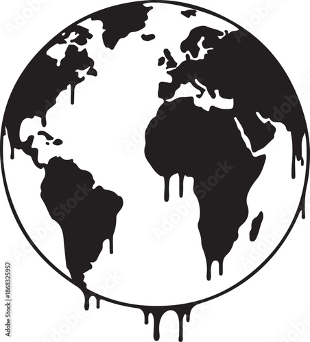 Melting Earth Globe Black Silhouette Isolated on White Background