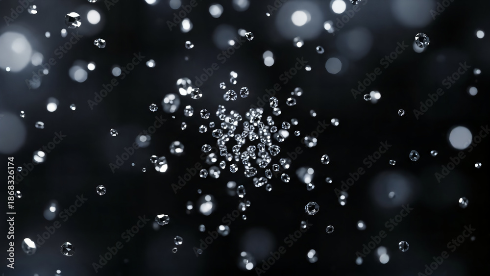 Fototapeta premium Sparkling clear diamonds or crystals falling on black background