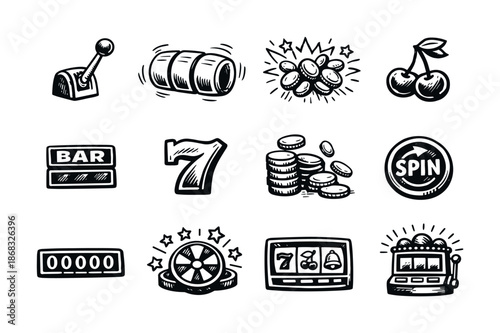 Vintage casino icon set with slot machine reels, lucky sevens, cherries, spin button, roulette wheel, coins, and lever in black line art