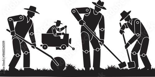 Workers in a field with farming tools and cart