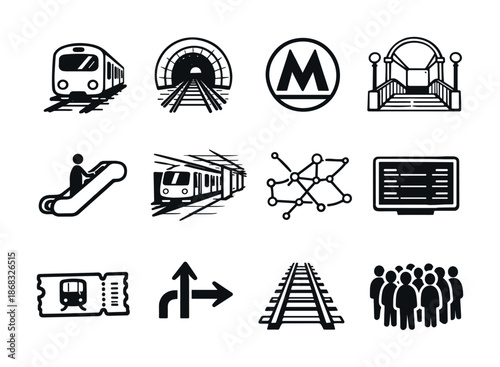 Collection of black and white metro and railway transport icons showing trains, tunnel, station entrance, tracks, escalator, signage, and passengers