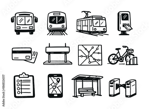 Set of hand-drawn public transportation and navigation icons including bus, train, tram, ticket, station, map, bicycle, clipboard, and turnstiles