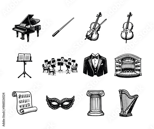 Hand-drawn classical music icons collection with grand piano, violins, orchestra, concert hall, tuxedo, sheet music, harp, mask, column