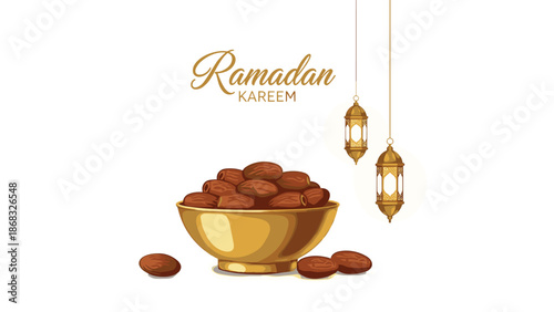 Ramadan Kareem text with dates in a golden bowl and hanging lanterns, symbolizing the holy month of fasting and reflection.