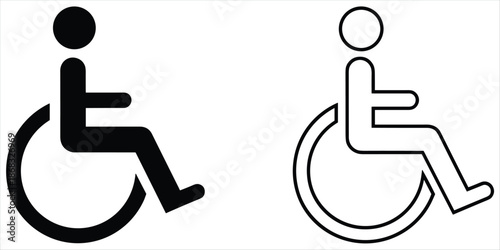 Solid black and outline pictogram of a person in a wheelchair for accessibility on white background icon