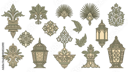 A collection of ornate Islamic decorative elements, including floral motifs, lanterns, and geometric patterns.