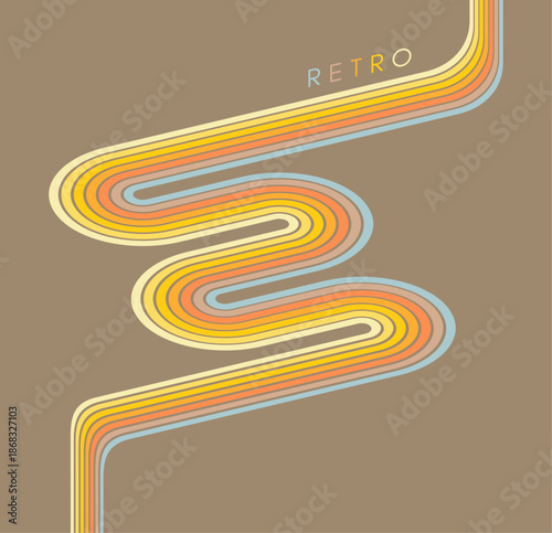 A retro 1970s-style background. Colorful lines. Abstract, dynamic curved ribbons. A serpentine curve of a race track. Designed for posters or banners for sports competitions. Vector illustration.