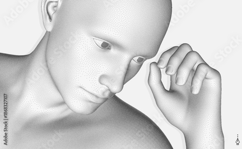 Illustration of a person's face making a choice. Stipple effect. 3D vector for a brochure, poster, presentation, flyer, or banner.