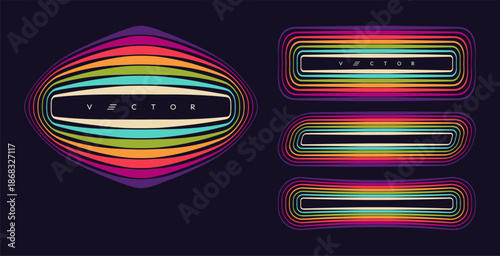 The colorful frame consists of multiple multicolored lines. Glow effect. Neon and LED strips. Vector illustration for brochure, poster, cover, card, flyer, banner, advertising or presentation.